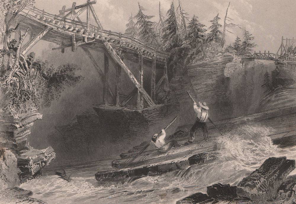 CANADA. Timber slide and bridge on the Ottawa River. Logging. BARTLETT 1842